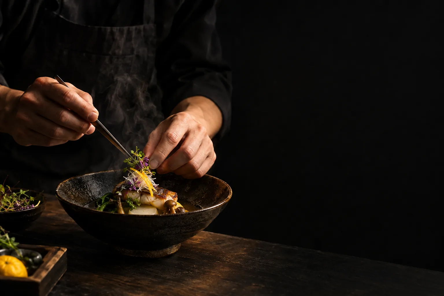 盛り付けをする料理人の手